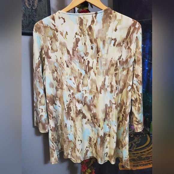 Tan, blue TanJay tunic top with beaded accents, some sequins missing, size 1X - Picture 3 of 5